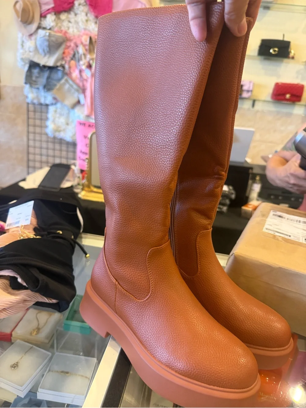 Tall Platform Women's Boots in Cognac Brown